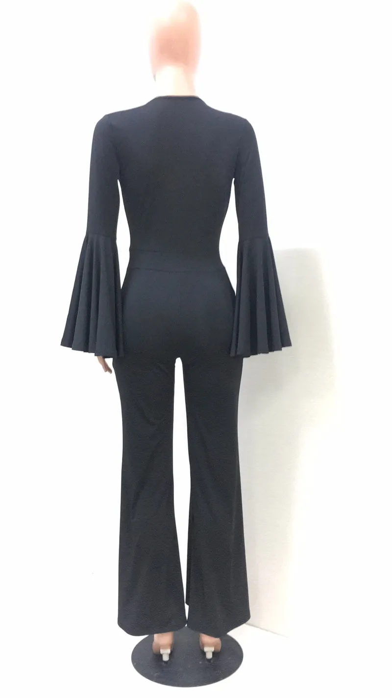 

Sexy Party Club Elegant Plunging V Neck Long Sleeve Jumpsuit Women Solid High Waisted Flare Pants Autumn Bodycon Romper Overalls