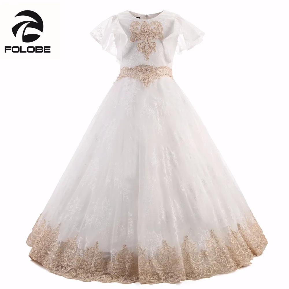 

Gorgeous Gold Lace Flower Girl Dresses For Wedding Pleated Ruffles Sleeves Girls First Communion Gowns Special Occasion Dresses