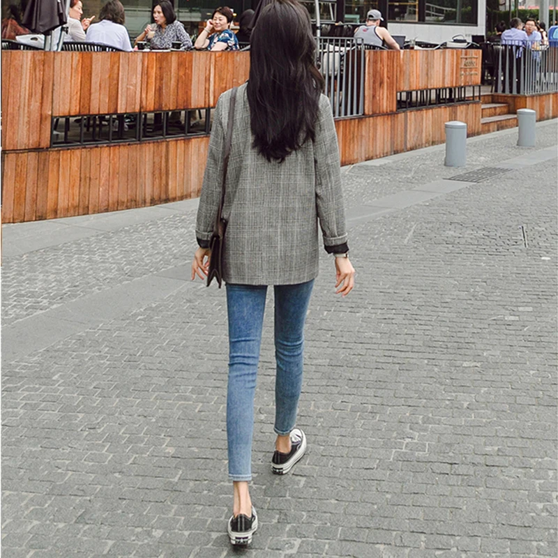 Возможно U Розовый Серый клетчатый пиджак с длинным рукавом двубортный свободный