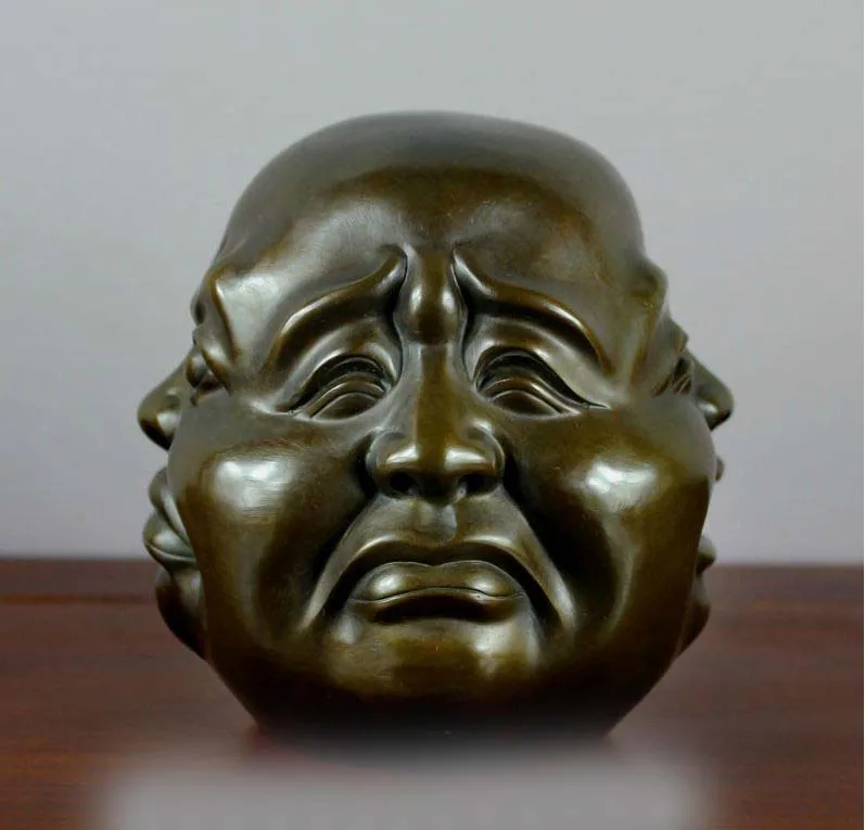 5 Китайский медный Бронзовый четыре лица выражение Maitreya Rohan монах головы Будды SD