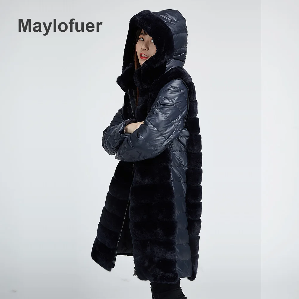 Maylofuer настоящая и натуральная Шуба из кролика Рекс Женские пальто со съемными пуховыми рукавами куртка с капюшоном