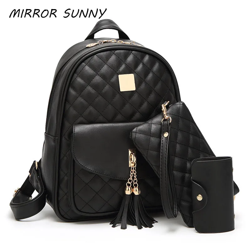 

MSB001 Composition Pu Leather Soft Backpacks Women Monogrammed Design Black Color Double Shoulder Bags Three Pieces/Set Vintage
