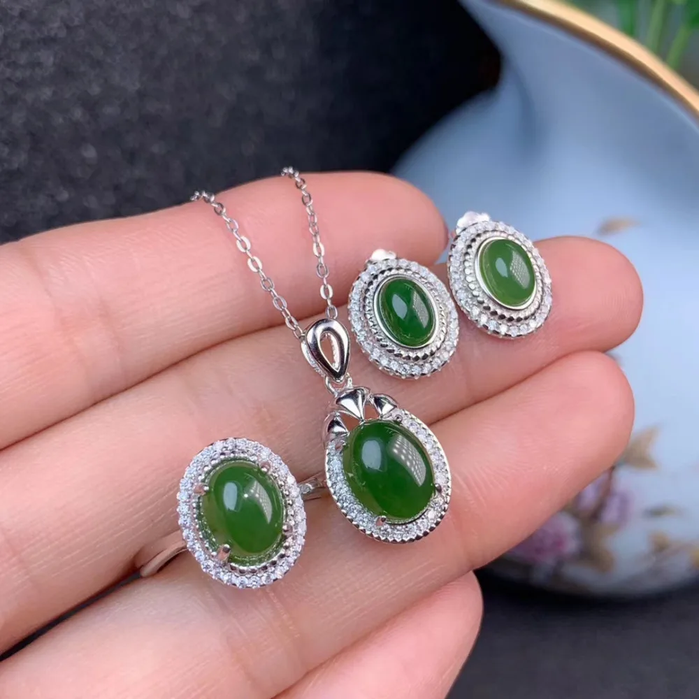 

S925 серебро натуральное зеленое кольцо из яшмы, кулон, серьги, натуральный драгоценный камень, ювелирный набор, роскошный солнечный цветок, Ж...