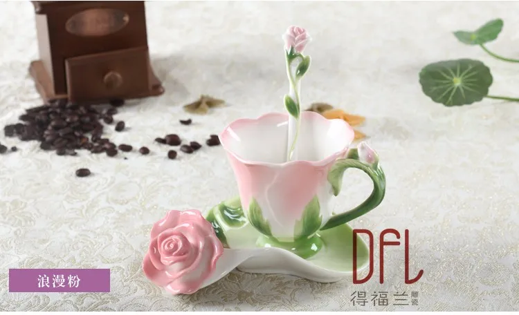 3D эмаль розы кофе кружка для чая молока набор с ложкой и блюдцем креативный керамический Европейский костяной фарфор посуда для напитков свадебный подарок