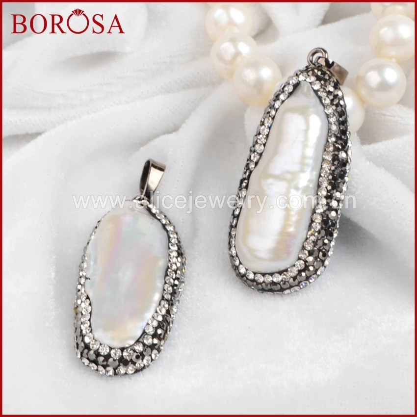 

BOROSA Design Oval Shape Natural Pearl Paved White Zircon Pendant Bead Freshwater Pearl Pendant for Women Necklace Making JAB333
