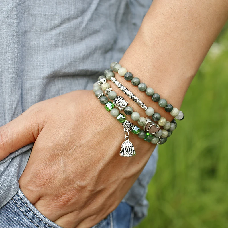 Natural Green Grass lace Agates Bracelet 108 Mala Bracelet Buddha Wing Pendant Chakra 6MM Beaded Necklace Yoga Prayer Bracelets