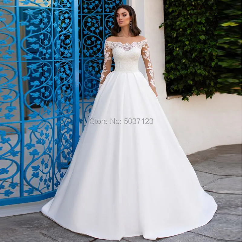 

Modest Satin A Line Wedding Dresses 2020 Off the Shoulder Vestidos De Noiva Long Sleeves Lace Appliques Court Train Bridal Gown