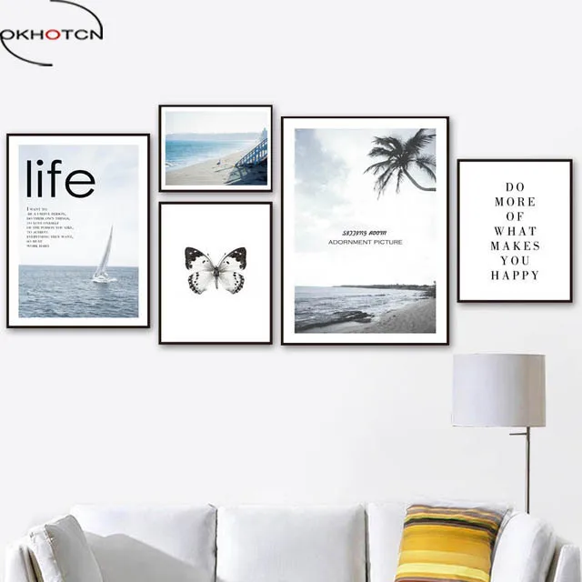 

OKHOTCN No Framed Beach Sea Butterfly Scenery Wall Art Canvas Painting Nordic Poster And Prints Landscape Living Room Wall Decor