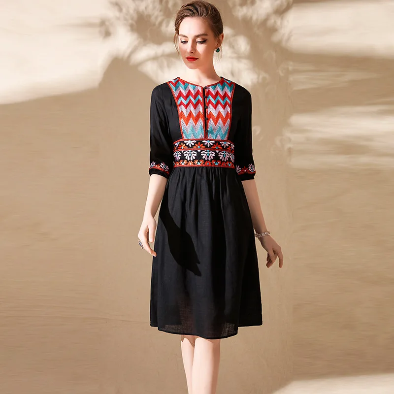 2018 Spring Embroidery Vintage Dress For Women High Quality Fashion Pretty Half Sleeve Knee Length Slim Female Dresses | Женская одежда
