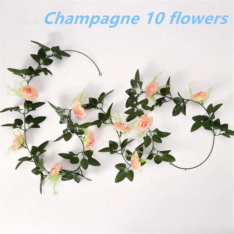 Champagne-10 flower 1pcs/lot 230-250cm Artificial Flowers Silk Roses Ivy Vine diy with Green Leaves Fake leaf artificial flowers for home decoration - Цвет: Champagne-10 flower