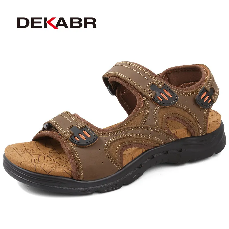 Khaki Brown Мужские летние уличные сандалии DEKABR, коричневая повседневная обувь из натуральной кожи, больших размеров, модные воздухопроницаемые слиперы - Цвет: Khaki Brown