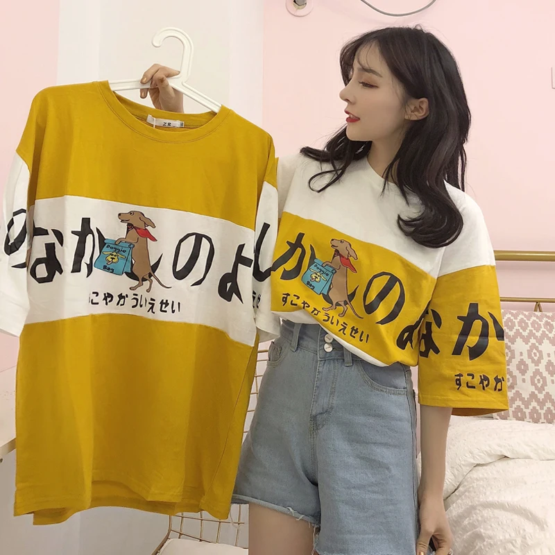 Ulzzang, летние милые японские топы с рисунками из мультфильмов, новинка, Harajuku, женская, три четверти, Корея, большой размер, свободная, повседневная, забавная, хлопковая футболка