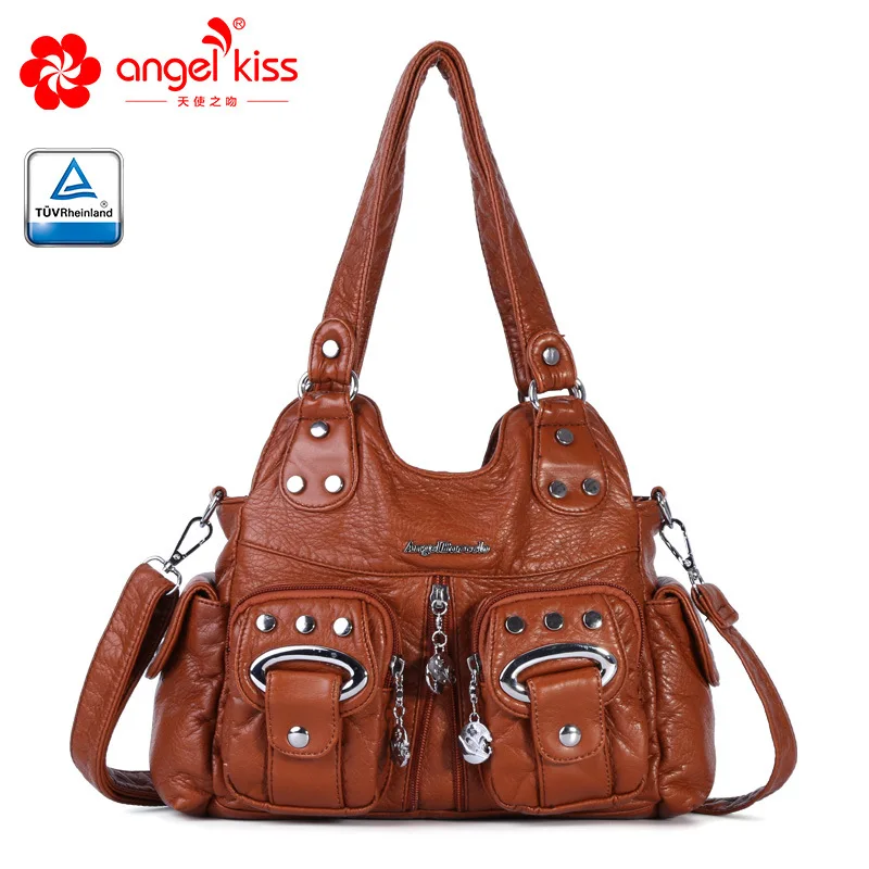 Brown Angelkiss Новая модная женская сумка мягкая дамская сумка из искусственной кожи с кисточками женская сумка на плечо большая женская сумка с заклепками летняя сумка - Цвет: Brown