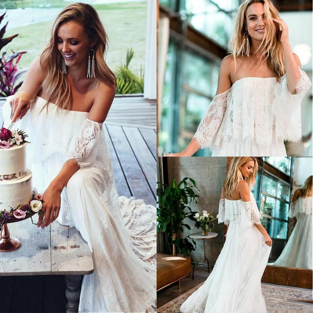 

Rustic Bride Boho Wedding Dress 2019 Abiti Da Sposa Off the Shoulder Vestido Boda Chic Bridal Gown Beach Lace Wedding Dress