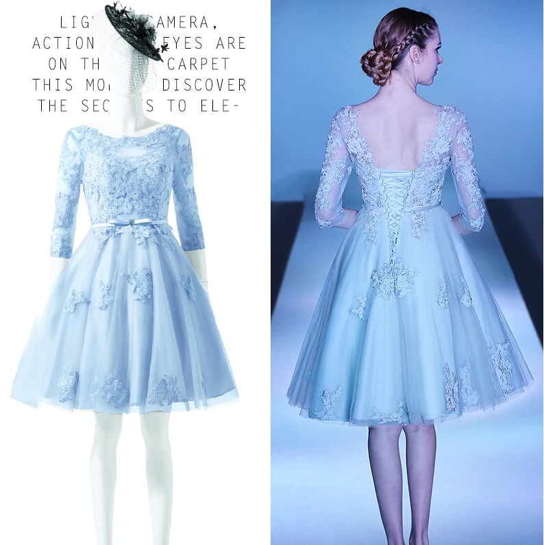 Real Photo YRE24 Robe de Soiree Lace Appliques 3/4 Sleeves Light Blue Short Evening Dress | Свадьбы и торжества