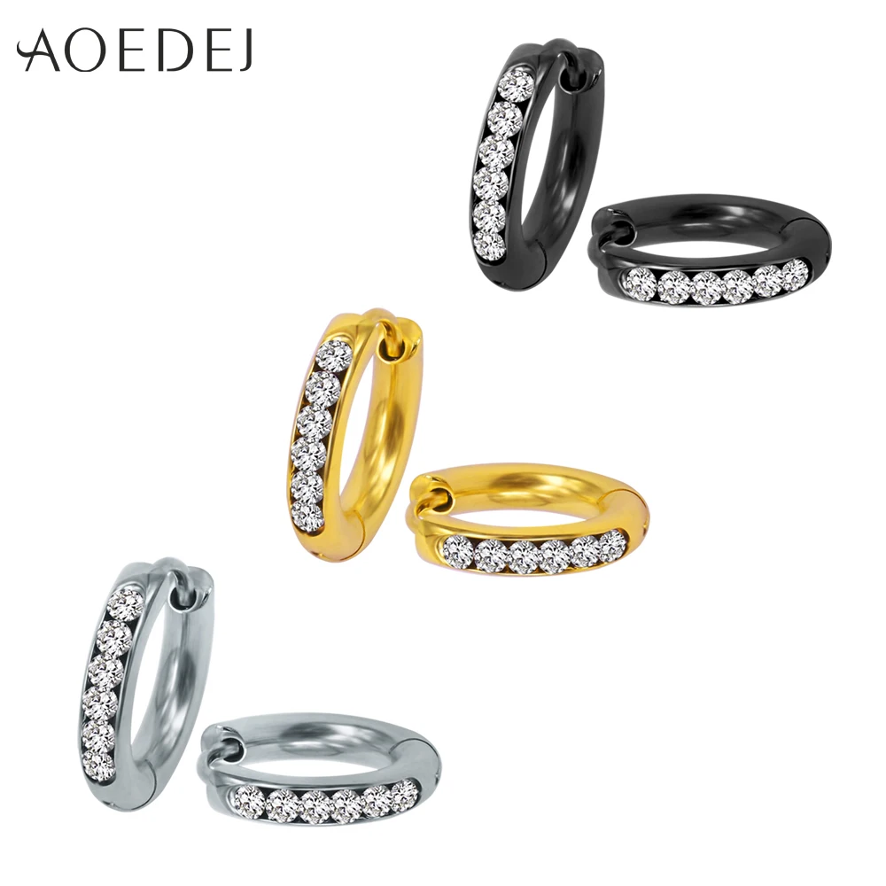 

AOEDEJ 10mm Crystal Hoop Earrings Black Gold Color Stainless Steel Small Hoop Earrings for Men Women Round Circle Earrings