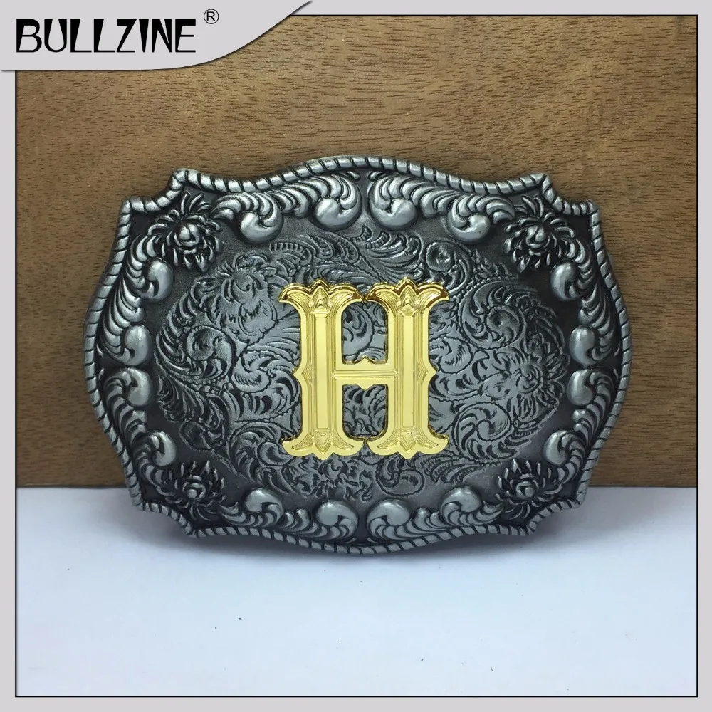 Пряжка ремня Bullzine с буквой H оловянной и золотистой отделкой FP 03687 подходит для