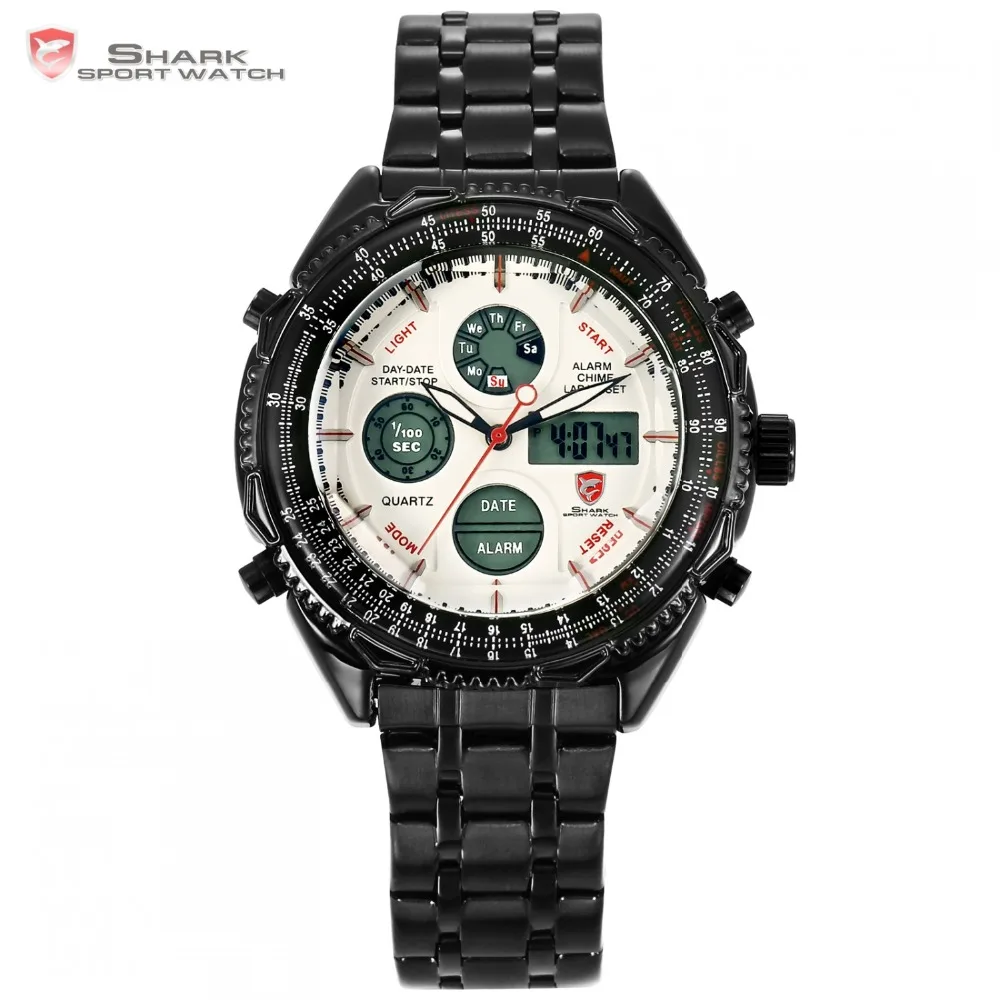 Акула люксовый бренд полный стали двойной аналоговые мужчины наручные часы Relogio
