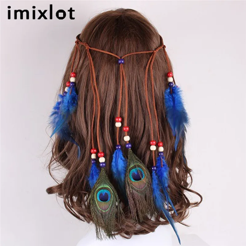 Imixlot богемный Индеец перья бисерная повязка на голову женская синяя хиппи одежда