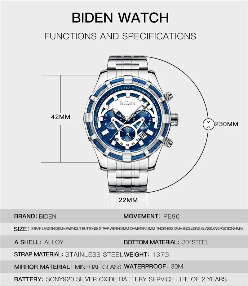 BIDEN Men Watch Top Brand Luxury Chronograph Military Sport Male Clock Steel Business Quartz Wristwatch relogio masculino 0117 | Наручные