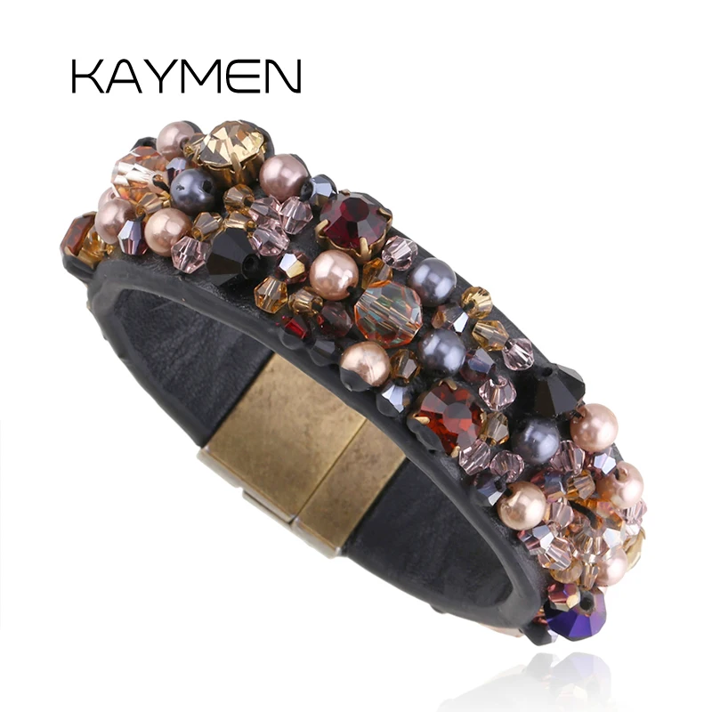 

KAYMEN New 2018 Crystals Handtailor on Imitation Leather Especial Magnet Clasp Statement Bracelet Bangle for Women 3 Colors