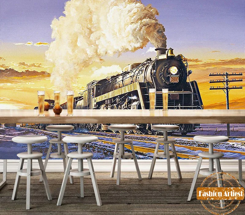 Винтажные обои на заказ паровой локомотив Паровая техника картина маслом