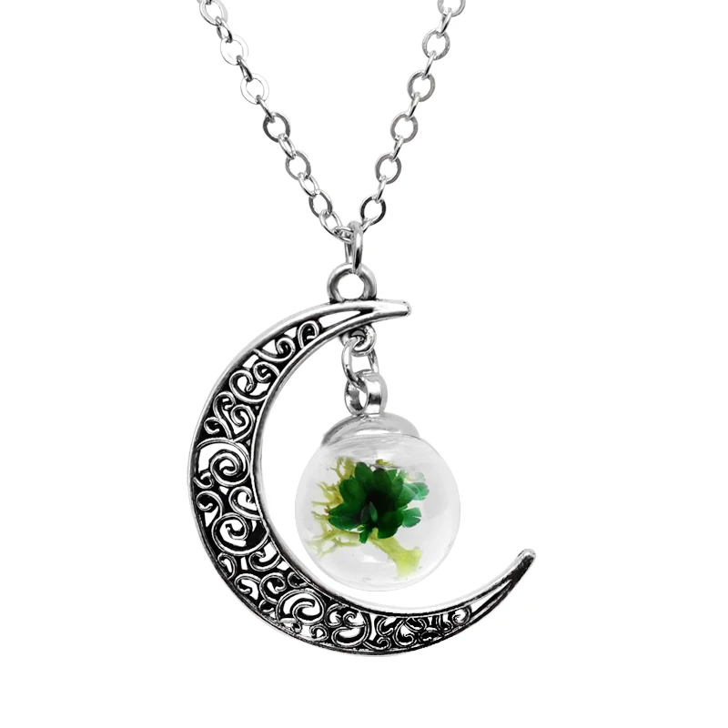 Девушка Луна натуральный сушеный цветок ожерелье покрытие серебро стекло купол