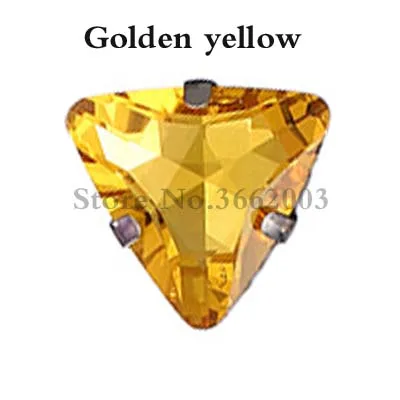 Golden yellow 18 мм превосходное качество треугольные Хрустальные стеклянные плоские с оборота пришивные камни, серебряные когти стразы, аксессуары для одежды - Цвет: Golden yellow