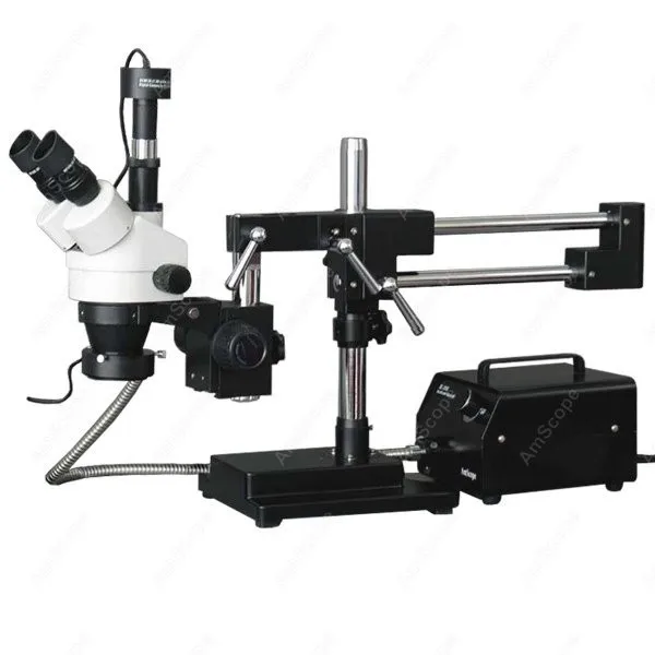 

Stereo Boom Microscope--AmScope Supplies 3.5X-90X Stereo Boom Microscope with 5MP Camera + Fiber Optic Light