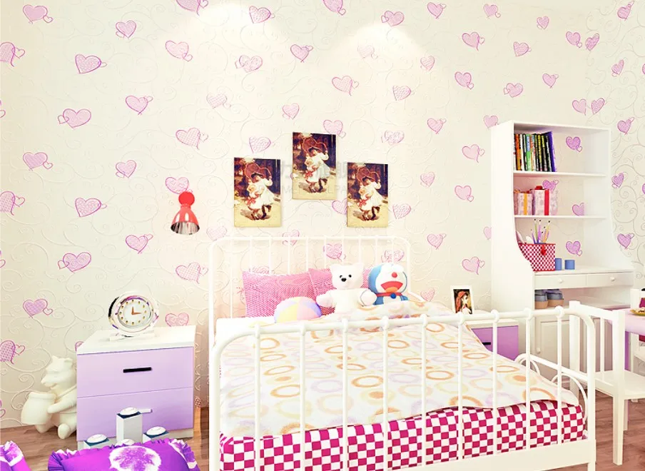 

3d Pink Love Heart Cartoon Princess Girl Room Background Wallpaper Roll 3d Embossed Flocking Non Woven Kids Wall Covering Paper