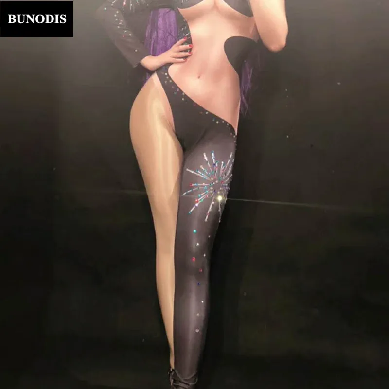 ZD176 женский сексуальный комбинезон Harf Naked с блестящими кристаллами одним рукавом