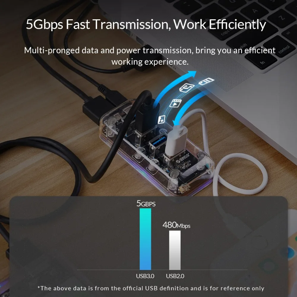 Прозрачный сплиттер-Концентратор ORICO с 4 портами s USB3.0 двойным портом питания Micro
