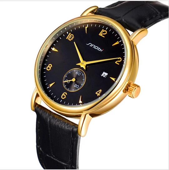 SINOBI Fashion Gold Wrist Watch Men Luxury Brand Watches Leather Strap Auto Date Men's Clock saat erkek kol saati | Наручные часы
