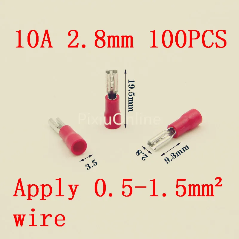 

100PCS YT582 Free Shipping Cold Pressed Terminals 10A 2.8 mm Pre Insulated Terminals Apply 0.5-1.5mm2 wire Female