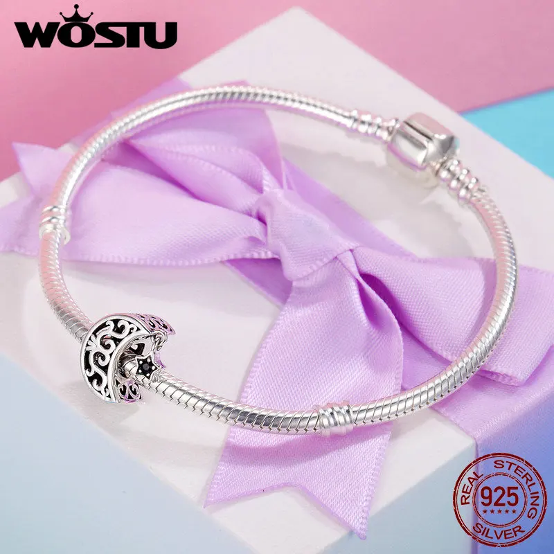 Браслет WOSTU CQC483 из стерлингового серебра 925 пробы с ажурной Луной и звездочкой |
