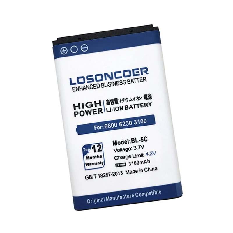 Losoncoer 3100 мА/ч, BL-5C BL-5CA BL-5CB для Nokia 3100 3109C 1100 1200 1315 1600 6600 6030 N72 N91 X2-01 C1-03 C2-01 C2-00 1108