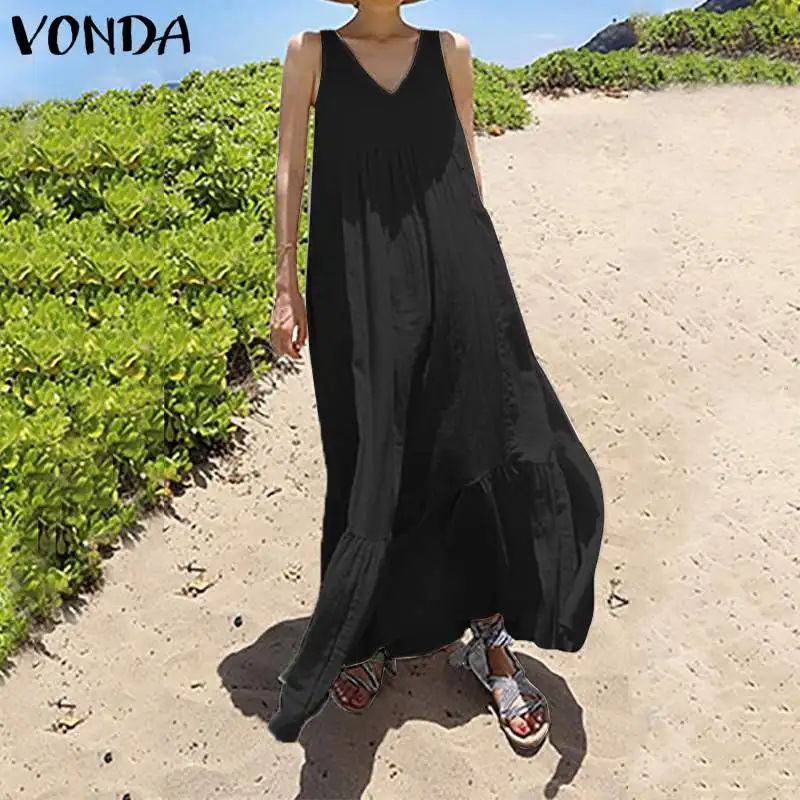 Белые хлопковые длинные платья для женщин летнее VONDA сексуальное платье без рукавов с v-образным вырезом однотонное винтажное платье размера плюс пляжный сарафан 5XL