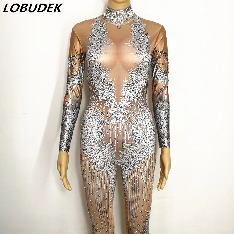 

Flower Pattern Glitter Crystals Elastic Skinny Jumpsuit Sexy Female Singer Nightclub Concert Stage Costume Long Sleeve Jumpsuits