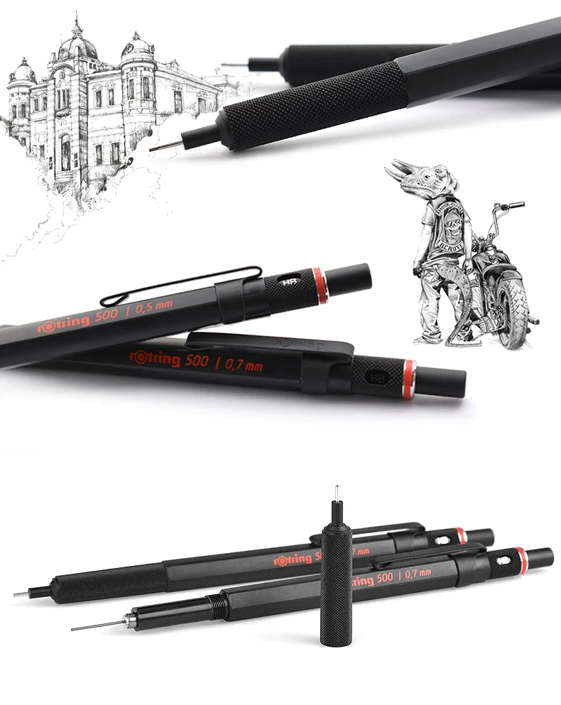 Механический карандаш Rotring 500 0,5 мм/0,7 мм, черный высококачественный пластиковый держатель для ручек, металлическая ручка с накаткой, автоматическая ручка для карандашей