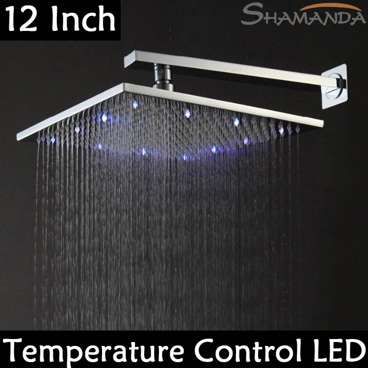 Free Shipping Solid Brass Chrome 12 Inch With 30*30cm Self-Powered Temperature Control Led Shower Head Light Three Colour | Обустройство