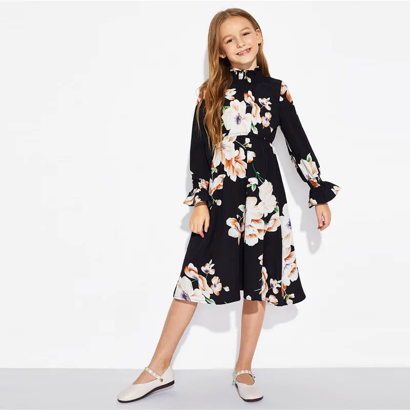 SHEIN Нарядное Платье С Цветочным Принтом Для Девочек, Платье С Длинным Рукавом