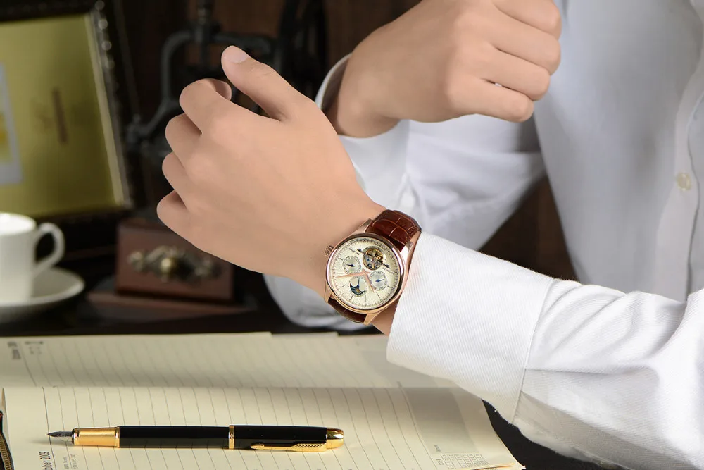 

AILANG Business Designer Men Dress Watches Auto Self-wind Leather Wrist watch Multi-functional Relojes Week Calendar Moon W005