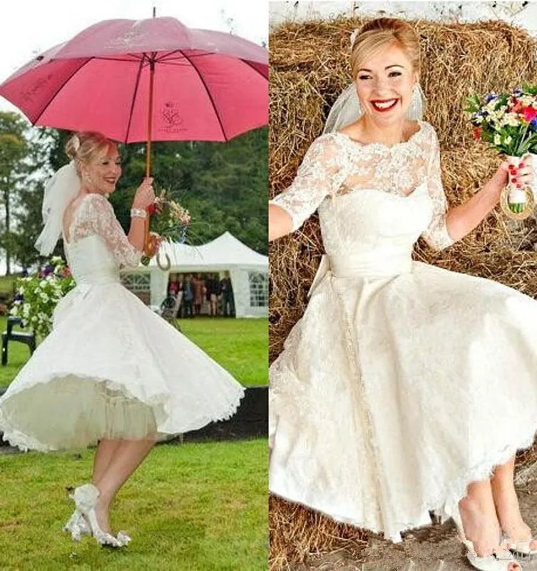 

Cheap Short Lace 2021 Wedding Dress 1/2 Sleeves Bateau A-Line Appliques Tea Length Vestido De Novia De Bridal Wedding Gowns