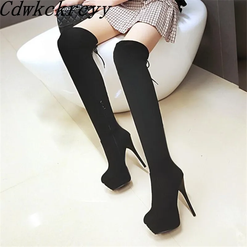 Зимние новые модные черные пикантные Сапоги выше колена с круглым носком