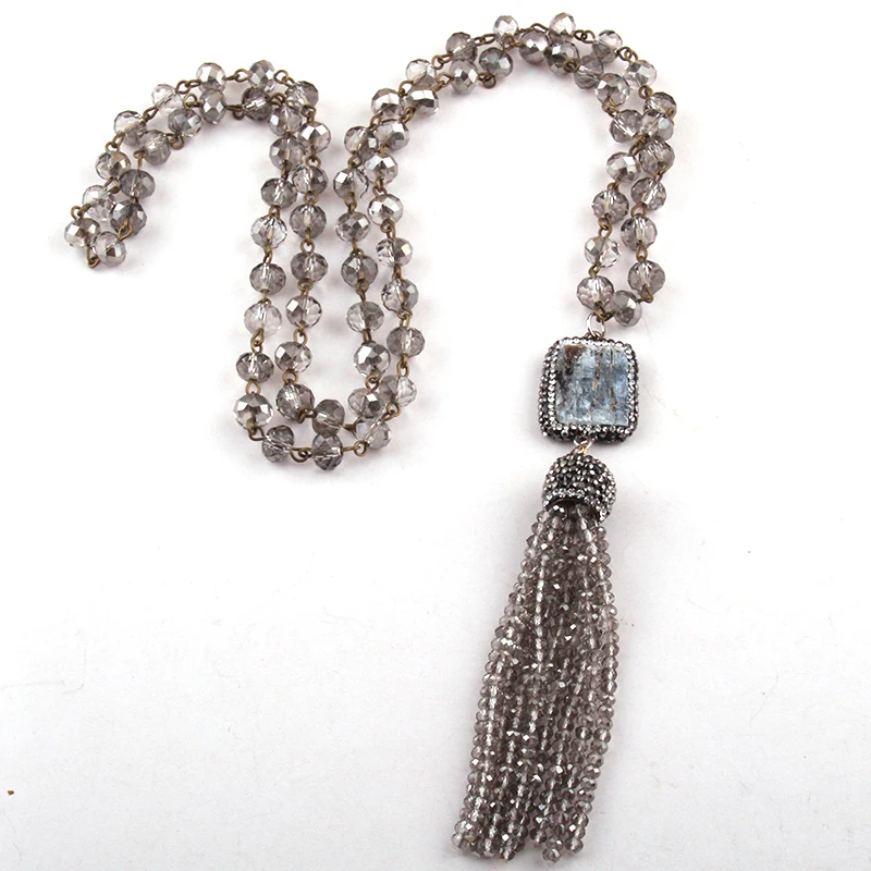 

Free Shipping Fashion Bohemian Tribal Jewelry Glass Knotted Druzy Link Crystal Tassel Necklaces Ethnic Necklace