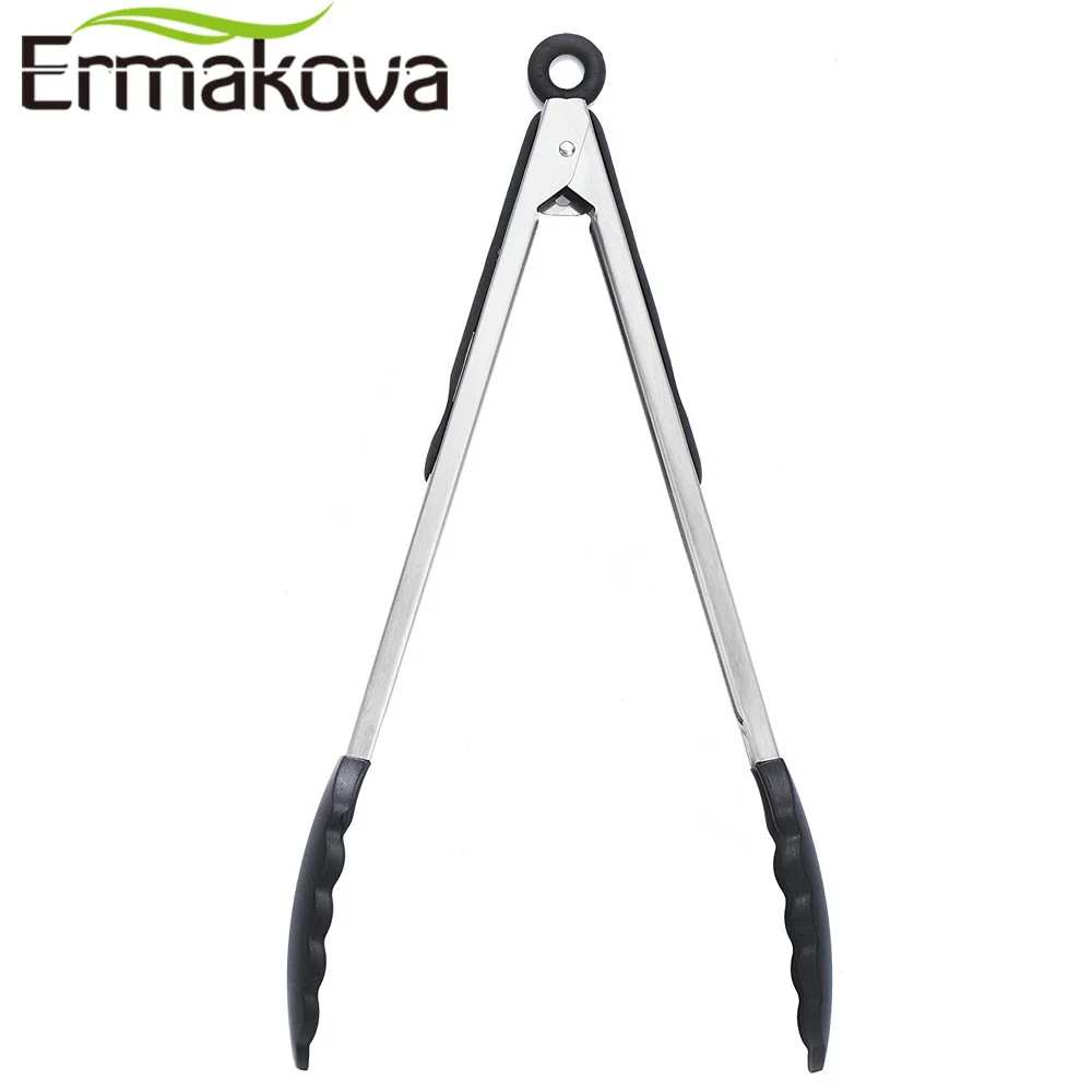 ERMAKOVA 2 шт./компл. 9-дюймовый и 12-дюймовый черный Кухня Силиконовые Тонг с антипригарным покрытием Нержавеющая сталь салат/пусковая площадка салатная приготовления барбекю или жареного хлеба размером Тонг