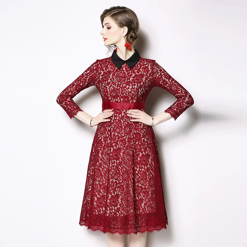 Весенняя одежда с длинным рукавом Винтаж кружевное платье Robe Femme Hiver 2021 миди