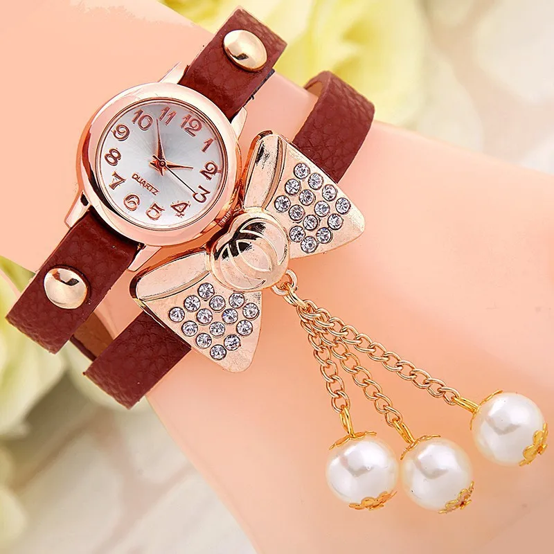 Часы наручные женские с бантом модные кожаным ремешком чёрные розовые