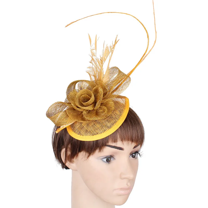 

Fashion Gold Fascinator Headbands Lady Sinamay Hats for Elegant Women Derby Weddings Loop Headwear Quill Hair Accessories SYF234