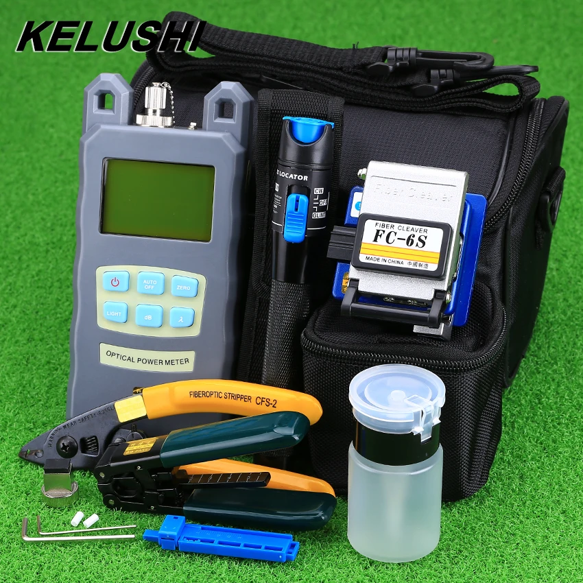KELUSHI 9pcs/Set FTTH Tool Kit with FC-6S Fiber Cleaver and Optical Power Meter 5mW Visual Fault Locator Optic Stripper
